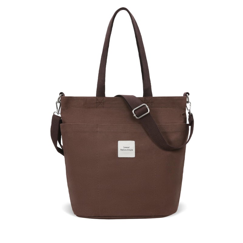 Iswee Canvas Tote Bag with Zipper Multi Pockets Tote Purse for Women Fashion Crossbody Tote Shoulder Bag Handbag Everyday Bag(Coffee) - Image 1